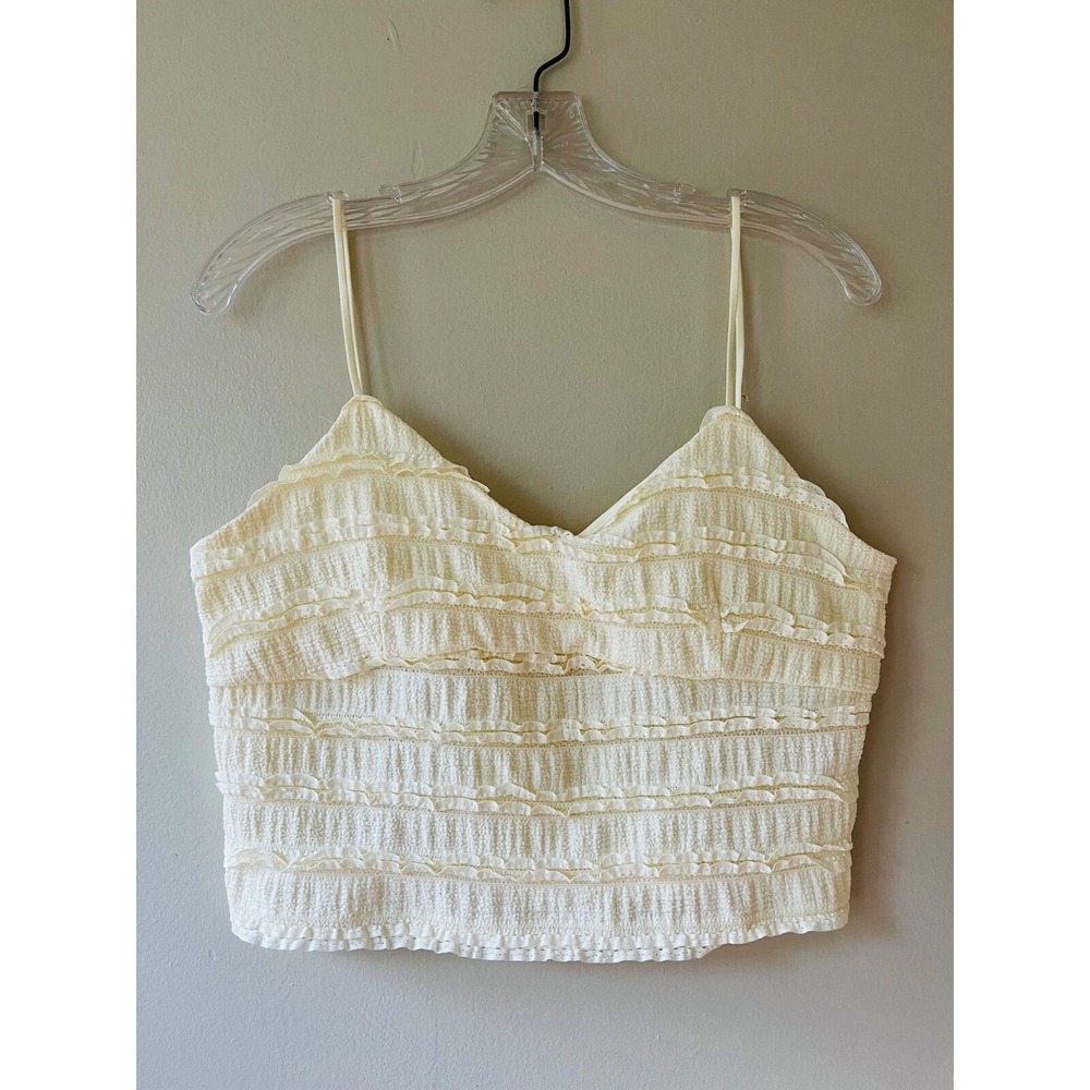 GLG M Beige Lucy Ruffled Lace Tank Crop Top Stretch Semi Lined